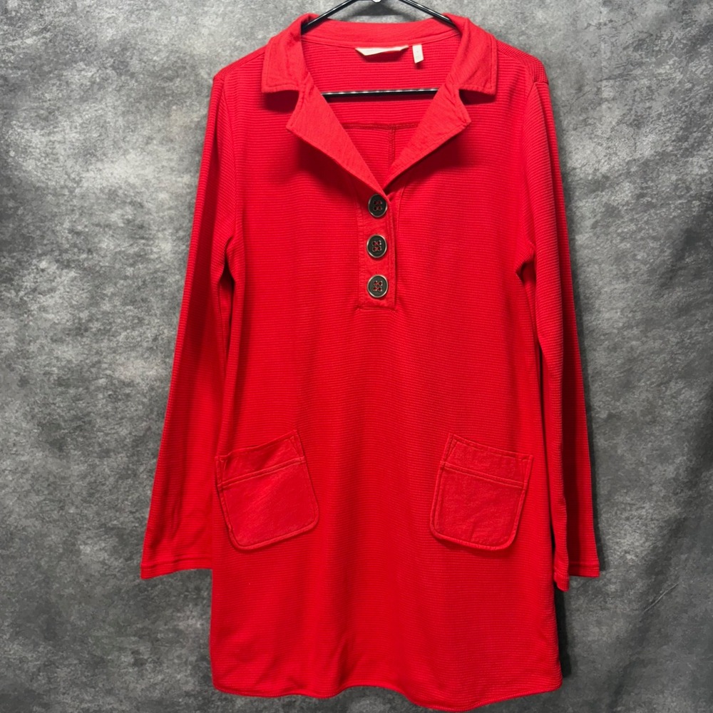 Soft Surroundings Take Two Waffle Knit Tunic Top Womens M Red Pockets Lagenlook